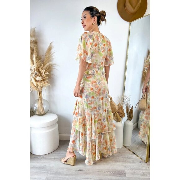 MISA Alana Floral Flutter Maxi Dress Chiffon Size XS NWT in Pastel Splash - Picture 2 of 5